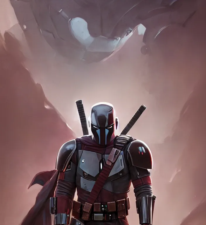 Image similar to mandalorian deadpool, futuristic, dramatic light, soft, sharp focus, concept art by greg rutkowski and ruan jia