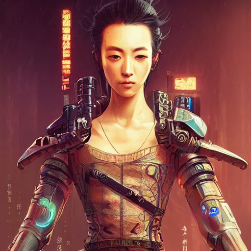 Image similar to cyberpunk samurai ,with techware , D&D, intricate, elegant, highly detailed, digital painting, japanese , altered carbon style,trending on artstation, concept art, illustration, art by Artgerm and Greg Rutkowski and Alphonse Mucha