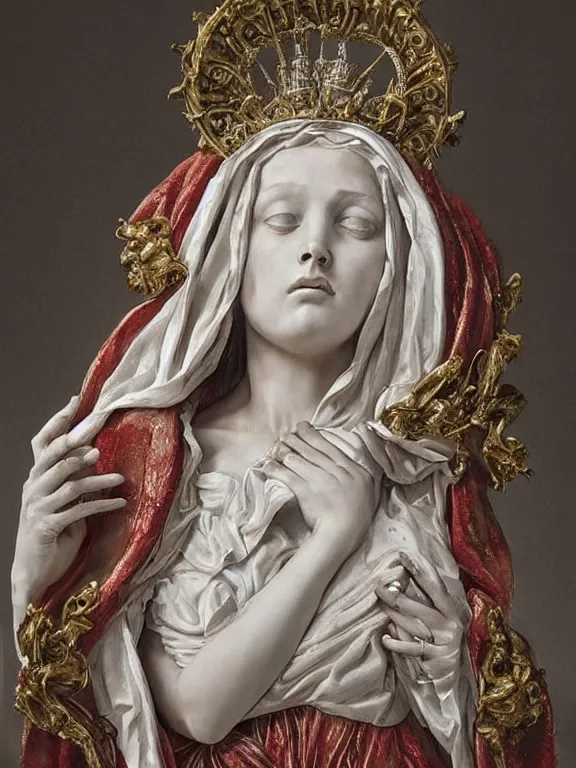 Image similar to a beautiful render of baroque catholic veiled sculpture, the red queen pieta the white queen, with symmetry intricate detailed,by LEdmund Leighton, peter gric,aaron horkey,Billelis,trending on pinterest,hyperreal,jewelry,gold,intricate,maximalist,glittering,golden ratio,cinematic lighting