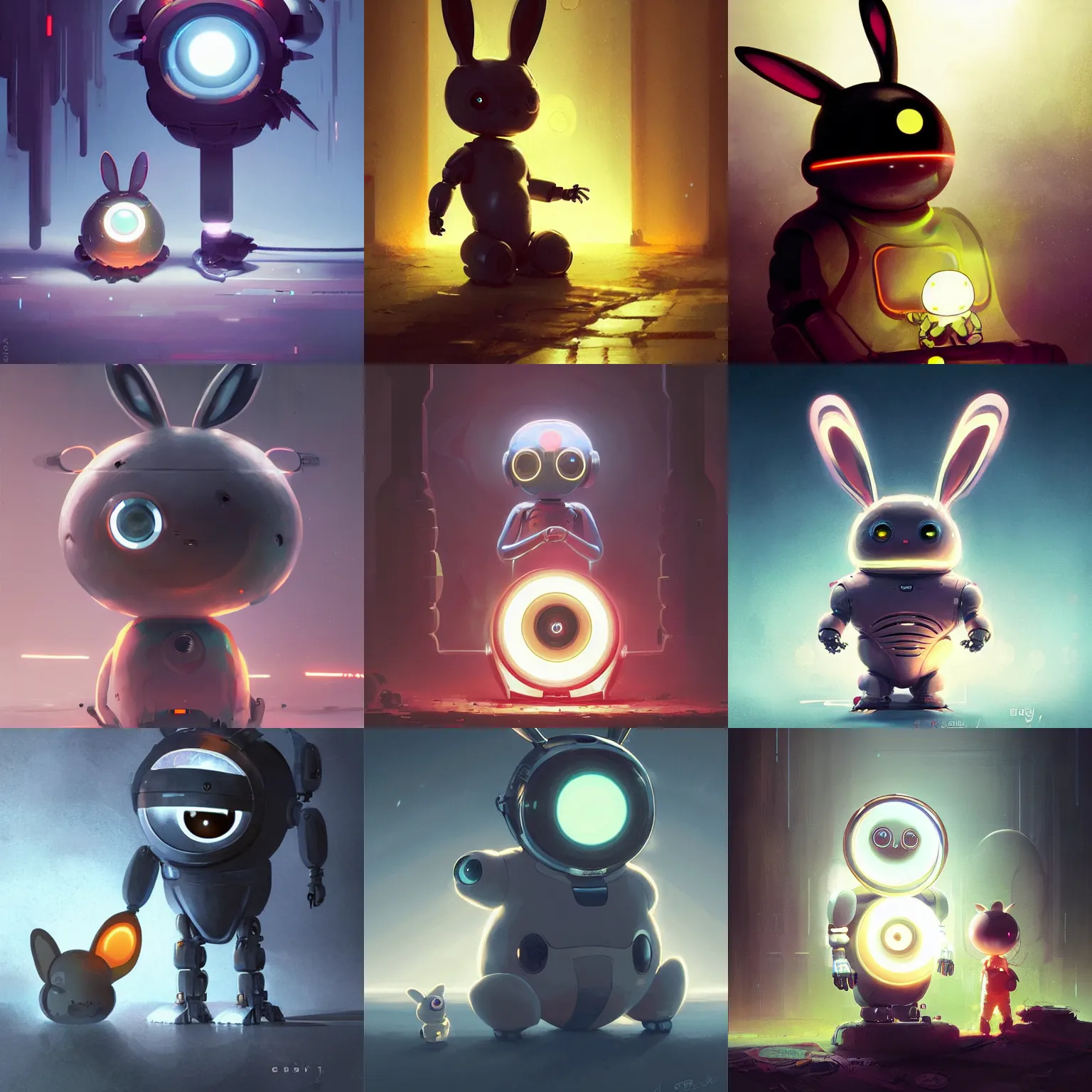 Prompt: cute chubby 3 years old robot child with big glowing eyes and big rabbit ears , big glowing belly , futuristic retro design by greg rutkowski