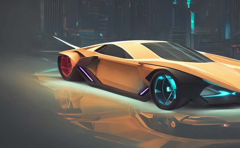 Image similar to an Cyberpunk 70s sports car, electric vehicle concept designed by Lamborghini, rendered by Beeple, synthwave style, concept art, digital art, unreal engine, trending on artstation, 4K UHD image, octane render,