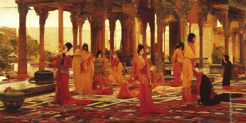 Prompt: the holy temples of incense, orientalist painting by john william waterhouse and Edwin Longsden Long and Theodore Ralli and Nasreddine Dinet, oil on canvas. Cinematic, hyper realism, dramatic lighting