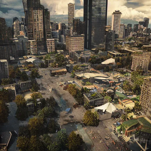 Image similar to a world fallen by disease, seattle completely wasted away, nature taken over and grow over buildings, high quality photorealism, cinematic, epic, Deviantart, Octane render