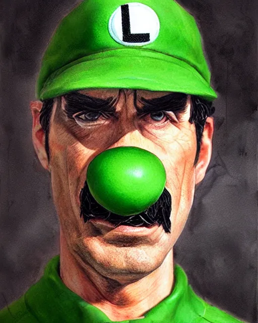 Image similar to portrait of real life super luigi, green cap, gritty, dark, beautiful, very detailed, hyperrealistic, medium shot, very detailed painting by Glenn Fabry, by Joao Ruas