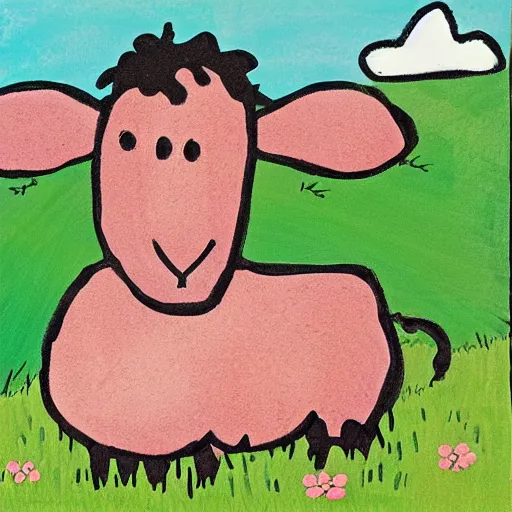 Prompt: fluffy cow in a field, children's illustration, quentin black style