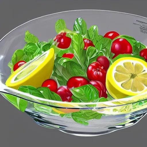 Prompt: close up of large clear salad bowl on kitchen bench. Its full of water with many slices of lemon floating in it. 4K award winning photorealistic concept art. smooth, sharp focus, illustration, art by artgerm and moebius and alphonse mucha 3/4 view.