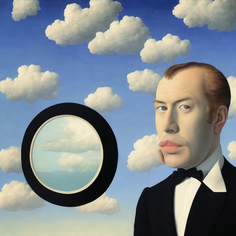 Image similar to portrait of a faceless mirror - head man in a suit, clouds in the background, by rene magritte, detailed painting, distance, middle centered, hd, hq, high resolution, high detail, 4 k, 8 k