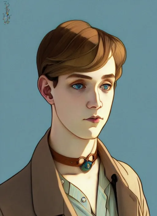 Image similar to art nouveau portrait of a pretty young man with short blond hair, light blue eyes, sad expression, scared, head down, shy and demure, wearing a choker collar, natural lighting, path traced, highly detailed, high quality, cartoon, digital painting, by don bluth and ross tran and studio ghibli and alphonse mucha