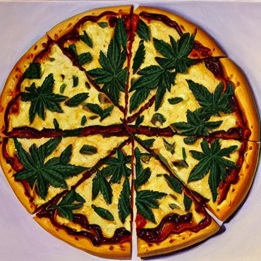 Prompt: Marijuana pizza, photorealistic painting