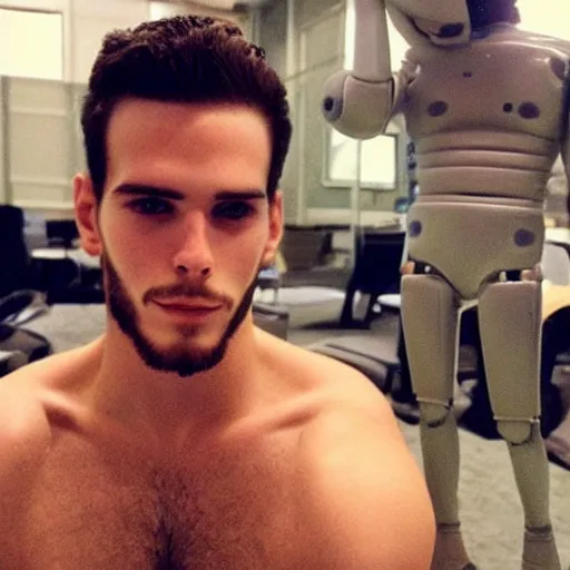 Image similar to “a realistic detailed photo of a guy who is an attractive humanoid who is half robot and half humanoid, who is a male android, Tyler Seguin, shiny skin, posing like a statue, blank stare”