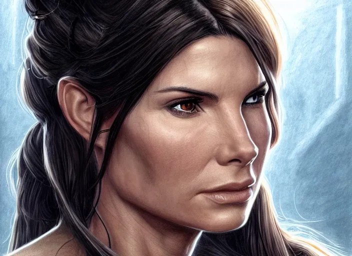 Prompt: face portrait of concentrated young Sandra Bullock as Lara Croft entering the large Minas Tirith gate, sun beams, intricate, elegant, highly detailed, centered, digital painting, artstation, concept art, smooth, sharp focus, illustration, Allan Lee, John Howe