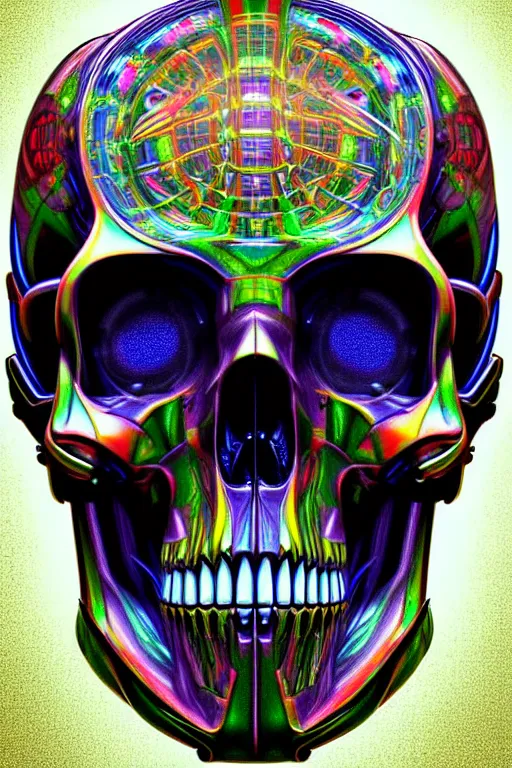 Prompt: maximalist detailed scifi robot skull portrait. lowbrow scifi artwork by kidsquidy and binx. ly. ray tracing hdr polished sharp in visionary psychedelic fineart style inspired by alex grey and cameron gray