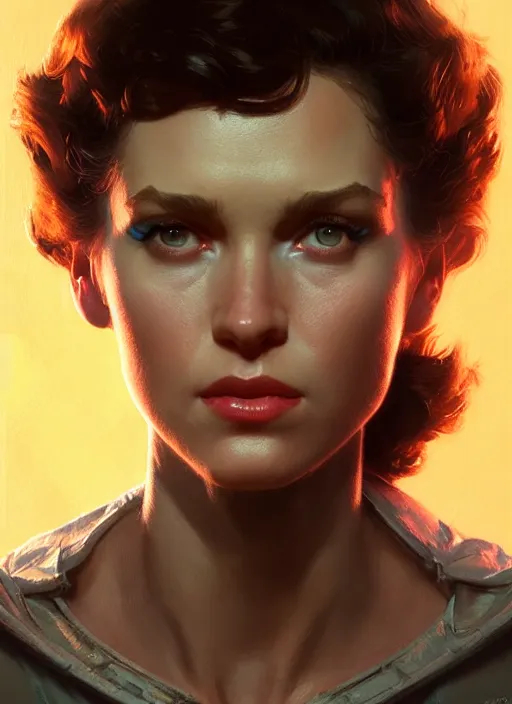 Prompt: head portrait of 8 0 s scifi elegant pretty girl, ripley, cinematic, detailed, dynamic, artstation character, norman rockwell, everett raymond kinstler, artgerm, daniel gerhartz, greg rutkowski, pulp science fiction illustration