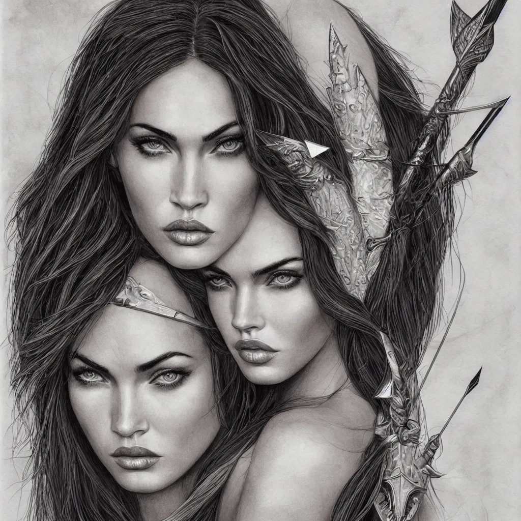 Image similar to portrait of beautiful megan fox as greek goddess aphrodite, archer, arrow on the head, beautiful piercing eyes, flowing blonde hair, realistic face, black and white drawing, in the style of greg rutkowski, fantasy, amazing detail, epic, intricate, elegant, smooth, sharp focus