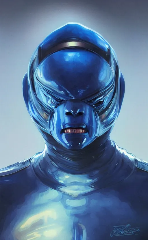 Image similar to portrait of a blue alien wearing a tight and smooth space suit, intimidating, intricate, headshot, highly detailed, digital painting, artstation, concept art, sharp focus, cinematic lighting, illustration, art by artgerm and greg rutkowski, alphonse mucha, cgsociety