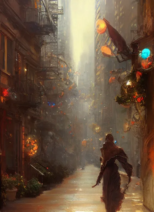 Prompt: new york apartment entrance, wreath on door, artwork by gaston bussiere, craig mullins, trending on artstation