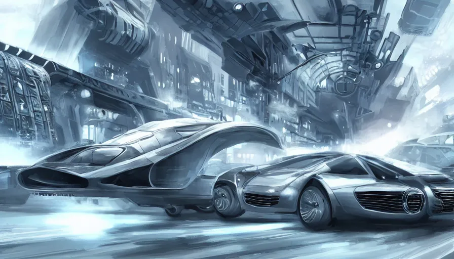 Image similar to Oldtimer Car with Jet Engines for wheels flying through a futuristic city, action shot, concept art, highly detailed