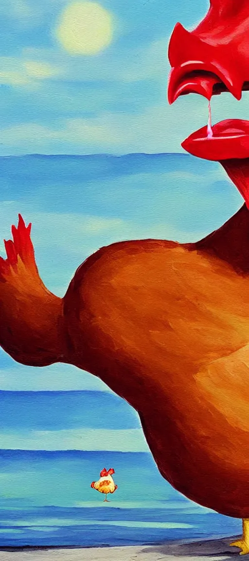 Image similar to beautiful painting of a giant chicken with lips that is eating KFC on the beach