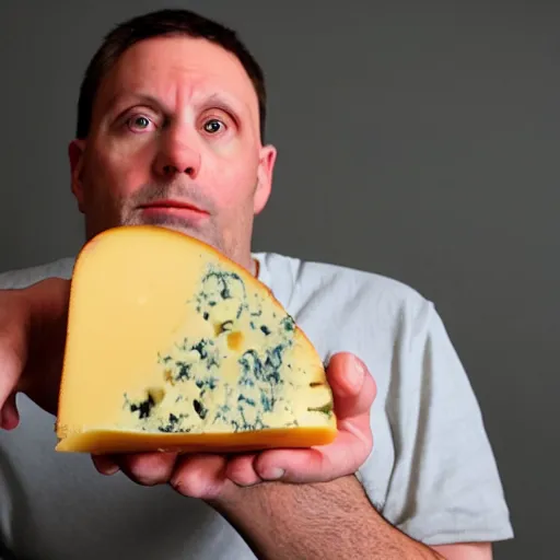 Image similar to photo of a very suspicious man holding cheese