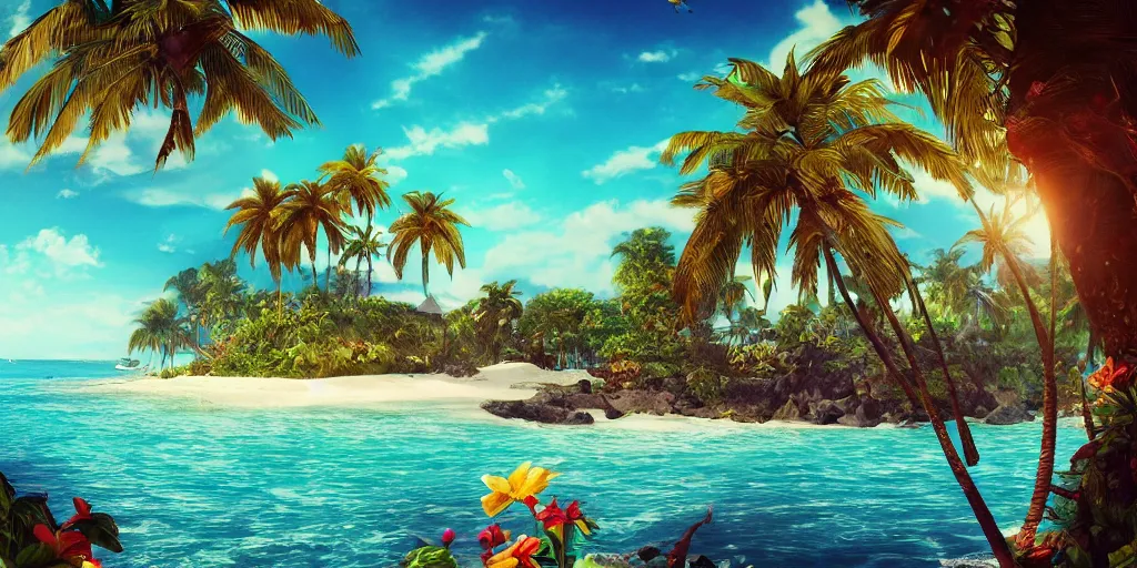 Image similar to the most beautiful tropical island, seashore, flowers, palmtrees, animals, bokeh, godrays, highly detailed, lowbrow, cinematic, artstation