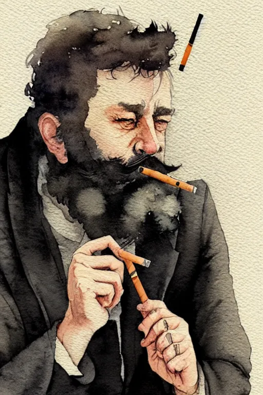 Image similar to portrait of a middle - aged writer with a beard, he is smoking a cigarette, watercolor style of greg rutkowski