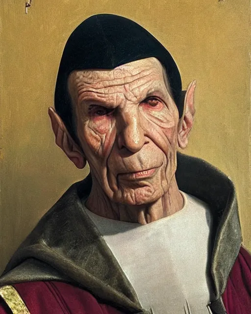 Prompt: a realist portrait of a leonard nimoy as a medieval count by andrey shishkin, oil on canvas