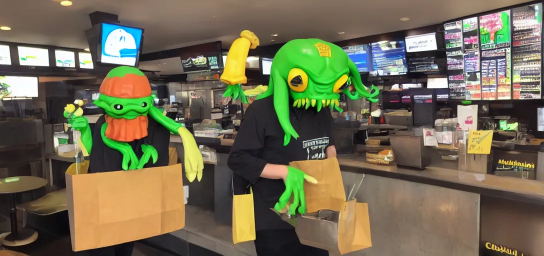 Image similar to Cthulhu working at McDonalds because he lost all of his money leverage trading bitcoin