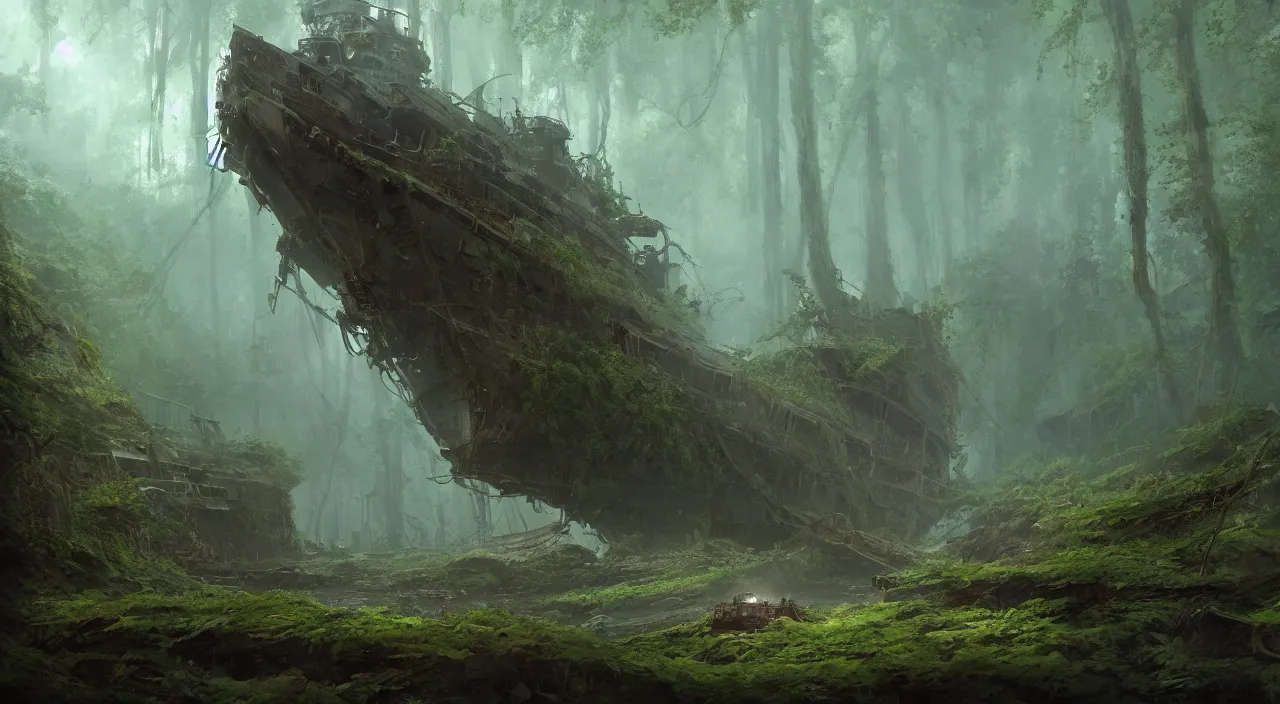 Image similar to rusty warship dreadnought shipwreck in a lush forest, sci-fi, ivy, moss, trending on artstation, concept art by Greg Rutkowski and Sebastian Luca, global illumination