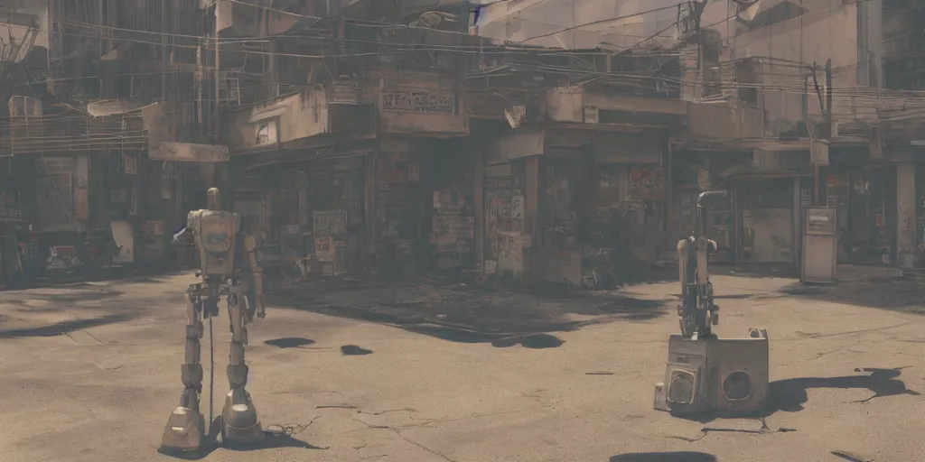 Prompt: incredible screenshot, simple watercolor, soft bloom lighting, paper texture, movie scene, deserted shinjuku junk town, old pawn shop, bright sun bleached ground, robot lurks in the background, cyberpunk, animatronic, black smoke, pale beige sky, junk tv, texture, strange, impossible, fur, spines, mouth, pipe brain, shell, brown mud, dust, overhead wires, telephone pole, dusty, dry, pencil marks hd, 4k, remaster, dynamic camera angle, deep 3 point perspective, fish eye, dynamic scene