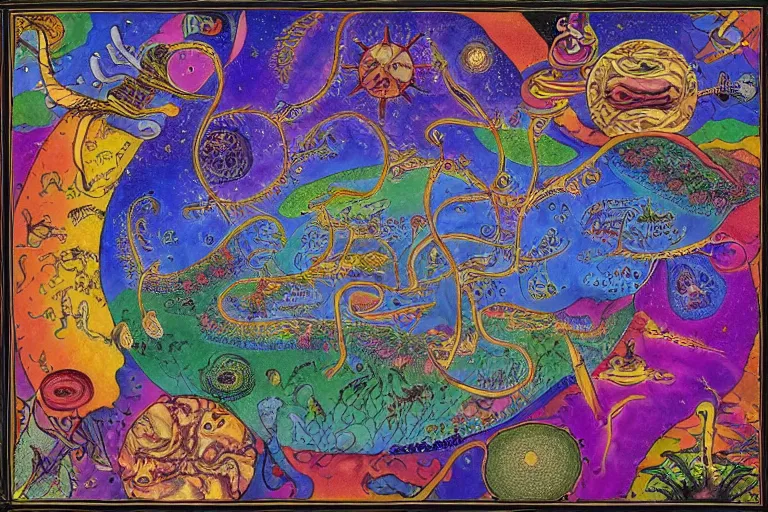 Image similar to Map of a psychedelic realm in the style of the voynich manuscript highly detailed, full color, as painted by lisa frank and bob ross