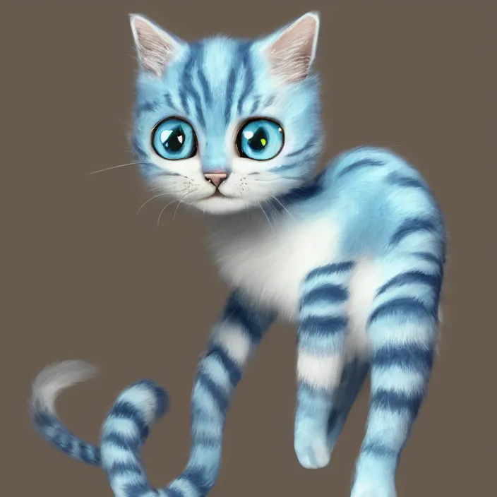 Prompt: cute cat of cheshire. an adorable cat with light blue stripes, shiny eyes and a big human like playful smile. award - winning digital art, trending on artstation