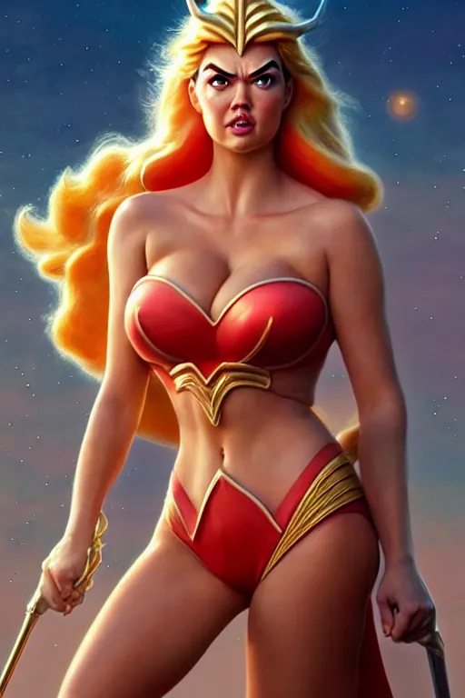 Image similar to polished sweaty she - ra : : kate upton face : : christina hendricks body : : weta disney pixar movie still photo : : hi - fructose, sci fi, fantasy, decadent highly - detailed digital painting, golden ratio, octane render, artstation, smooth, sharp focus, artgerm, mucha, loish, wlop : :