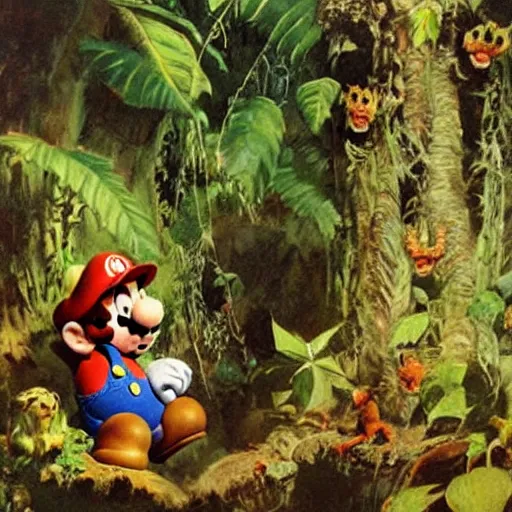 Image similar to super mario lost in mystic jungle on oil painting by frank frazetta