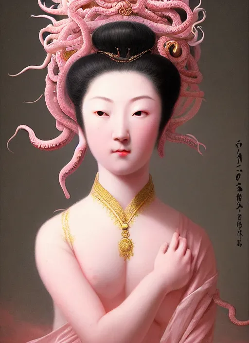 Image similar to stunning japanese godess princess, detailed pink and white of tentacles head peace against a black backdrop by ivan aivazovsky, 3 / 4 view portrait, wlop, super sharp details, photorealism, canon 5 d, 5 0 mm lens, stunning photoshot, beautiful soft lighting, muted colours, artstation