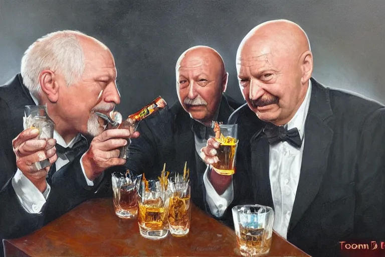 Image similar to portrait of tom atkins and donald pleasents drinking tequila shots, an oil painting by ross tran and thomas kincade