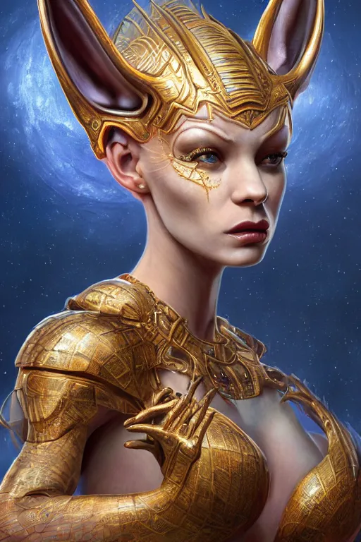 Image similar to portrait of a beautiful female hybrid atlantean anubis elsa jean, alien warrior regal, realistic, refined, detailed, digital art, michael cheval, esao andrews, steampunk, walt disney ( 1 9 3 7 ), francois boucher, oil painting, highly detailed, cinematic lighting, unreal engine, 8 k, hd