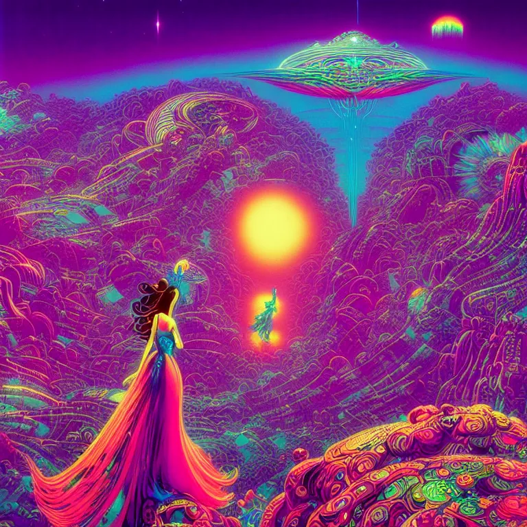 Image similar to cosmic girl hovers over mythical crystal city, psychedelic waves, synthwave, bright neon colors, highly detailed, cinematic, eyvind earle, tim white, philippe druillet, roger dean, ernst haeckel, lisa frank, aubrey beardsley