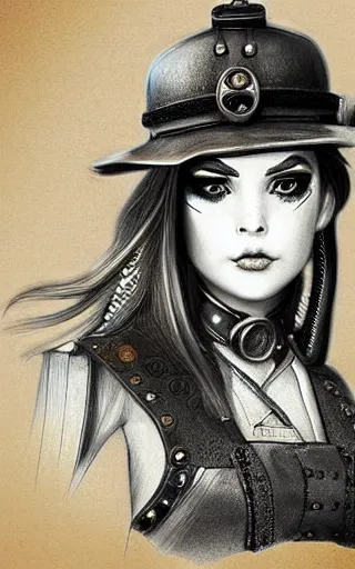 Image similar to pencil drawing of a steampunk girl, full costume, digital art, trending on artstation