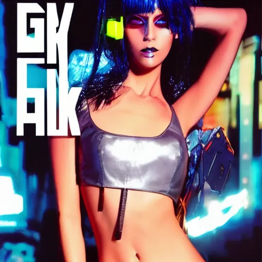 Image similar to cyber punk fashion magazine cover, girl, real, posing, ultrareal