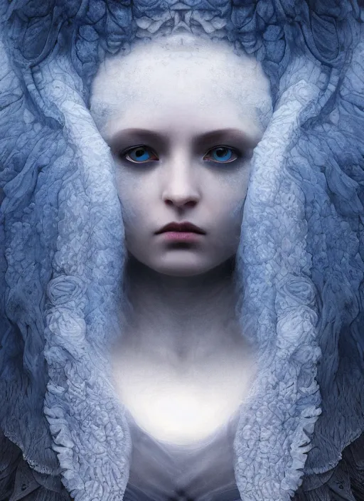 Prompt: Her huge ominous glowing blue eyes staring into my soul , perfect eyes, soft pale white skin, intricate stunning highly detailed, agostino arrivabene, Tomasz strzalkowski, twisted dark lucid dream, 8k portrait render, raven angel wings, swirling thick smoke , beautiful lighting, dark fantasy art, cgsociety