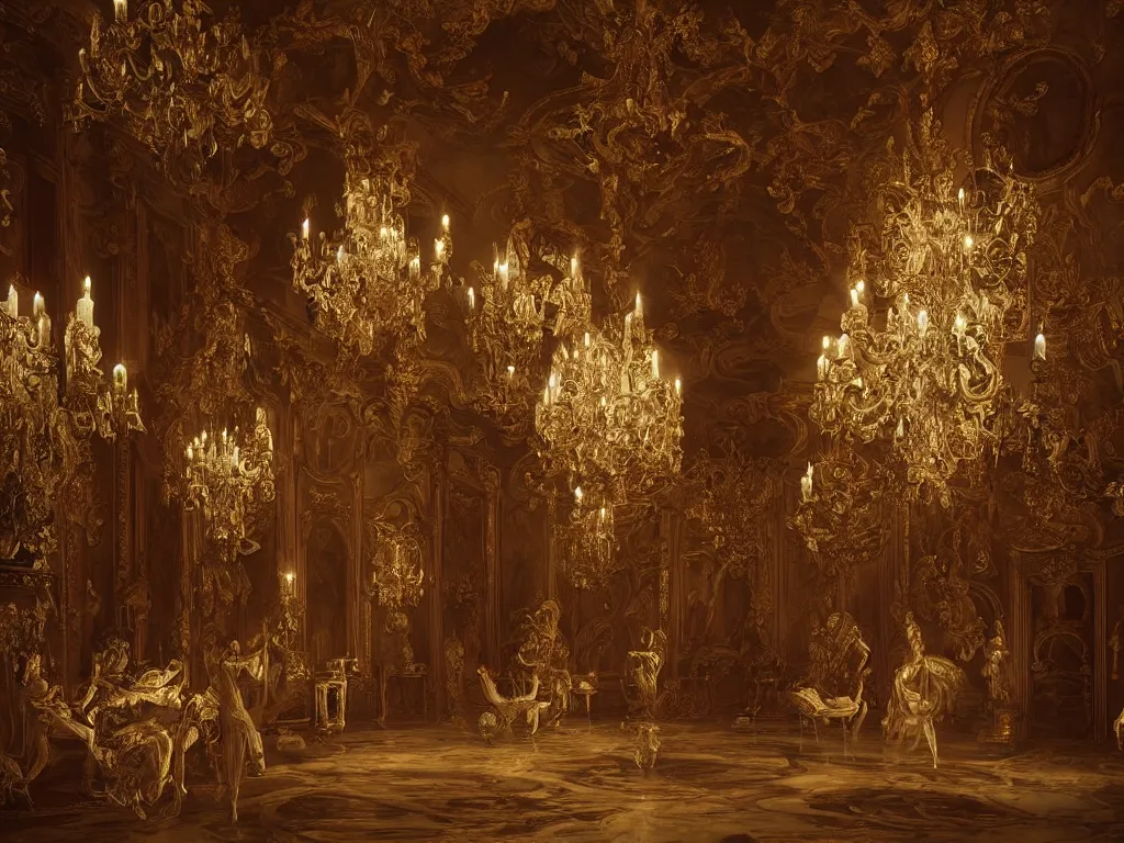 Image similar to Solemn Ghosts Appear in an Opulent French Baroque Ballroom, Hyperrealism, dramatic lighting, spooky, atmospheric