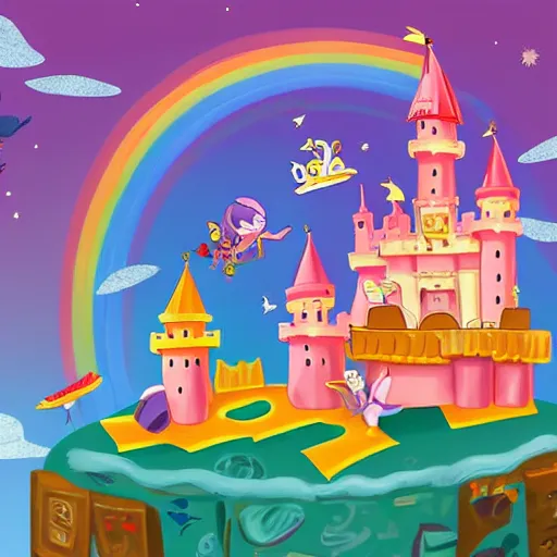 Image similar to small bird with a human head holding a piece of heavy cheese housing a mouse vomiting a rainbow, a big pink fluffy castle with slime canons in the background. small pilot princesses flying in space brownies attacking the fluffy castle