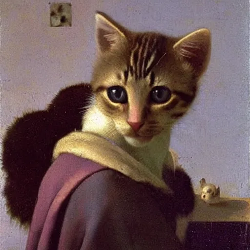 Prompt: kitten with pearl earrings, highly detailed, by jan vermeer