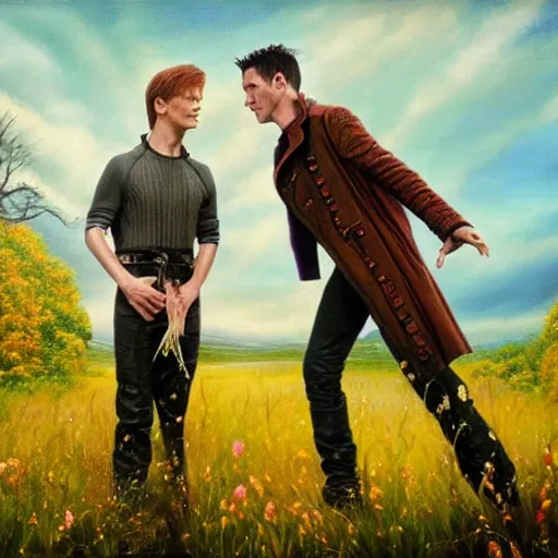 Prompt: david bowie and trent reznor are in a beautiful meadow in love and happy. gay male couple. from the television show merlin ( 2 0 0 8 ). ; high - detailed oil painting by igor sychev and mark keathley trending on artstation, masterpiece, 4 k