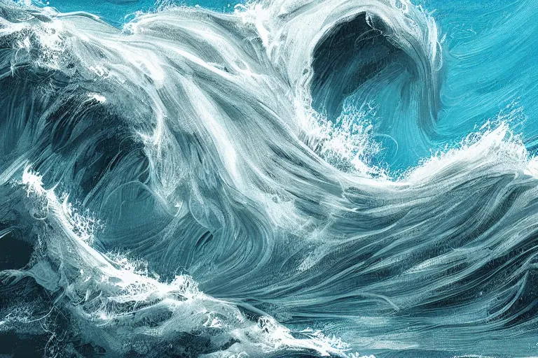 Prompt: ocean, land, tumultuous waves, digital painting, illustrated by max hay