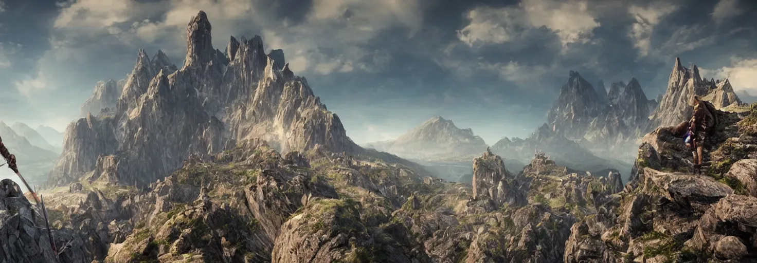 Prompt: A intelligent man looking right at you while on a mountain top with an incredibly impressive scenery on the background where two giant castles fight each other with catapults surounded by beatifull mountains and rivers, trending on artstation, octane render, photo realistic