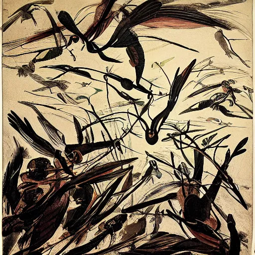 Image similar to by john james audubon, by jackson pollock flowing. a body art of a winged creature, flying high above a group of people in a dark, wooded area. the creature's wings are spread wide & its head is turned upwards, looking towards the sky. people below looking up at creature awe & fear.