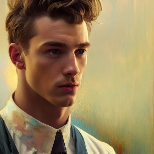 Prompt: hyperrealistic oil painting of half - electric man, handsome - fine - face, handsome face, paint pour hair, realistic shaded perfect face, extremely fine details, realistic shaded lighting, dynamic background, 8 k ultra realistic, highly detailed, art by christopher balaskas, alphonse mucha, craig mullins, ultra detailed