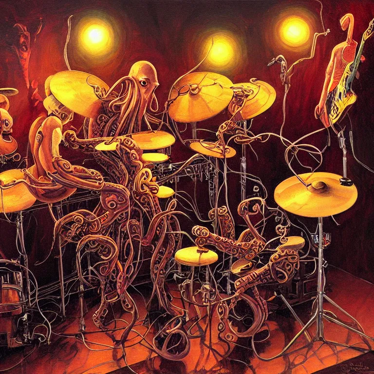 Image similar to a beautiful painting by gerald brom of a couple of octopus robots playing drums and telecaster guitar in an electronic concert, concert light, dark mood, warm lights