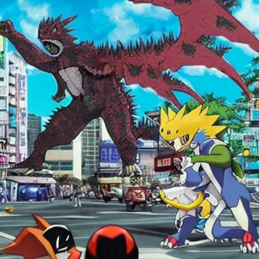 Prompt: digimon vs Pokémon battling in the streets of Tokyo 1930’s Godzilla monster movie